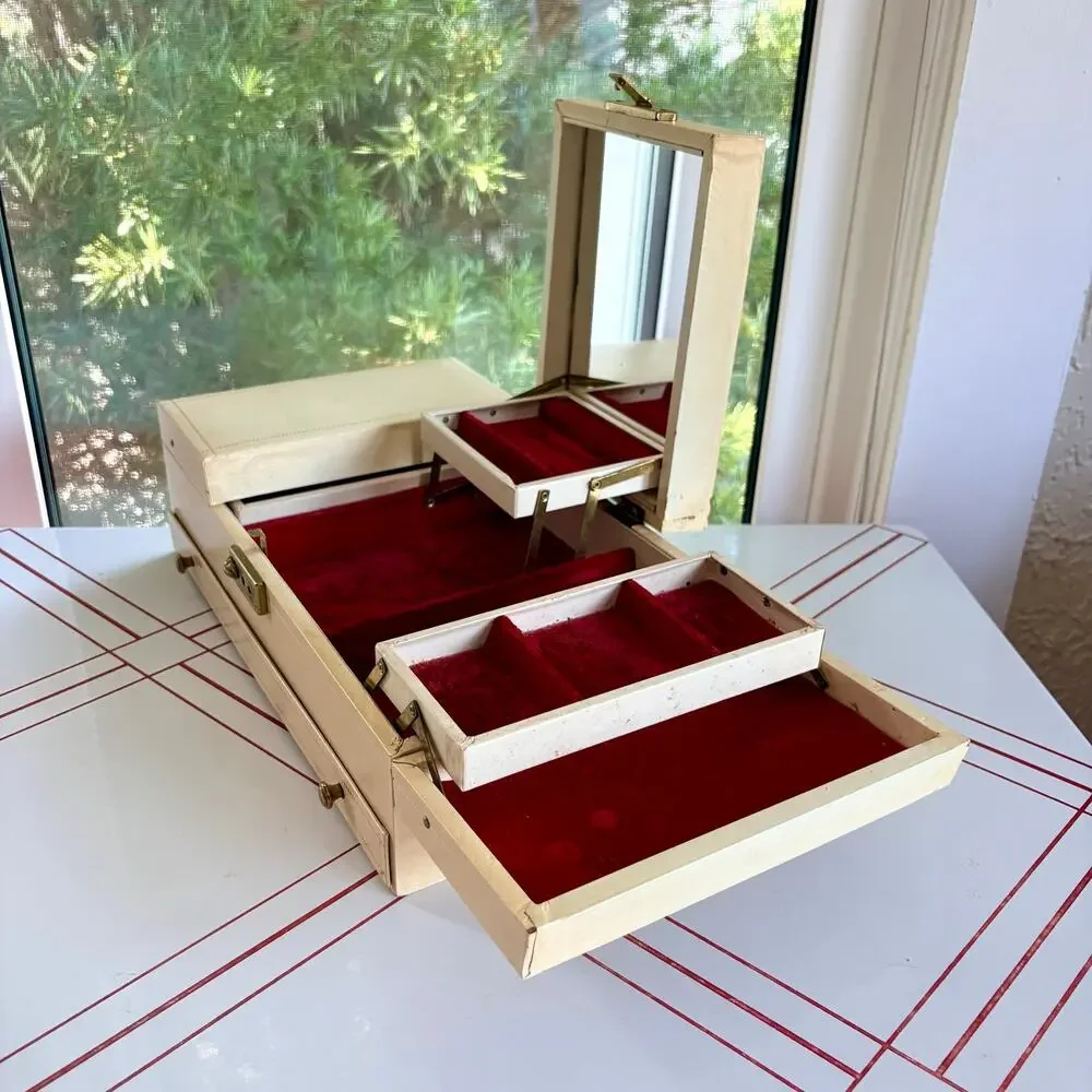 Large Vintage 1960s Cantilever Jewelry Box Red Velvet Mirror Ivory Vanity